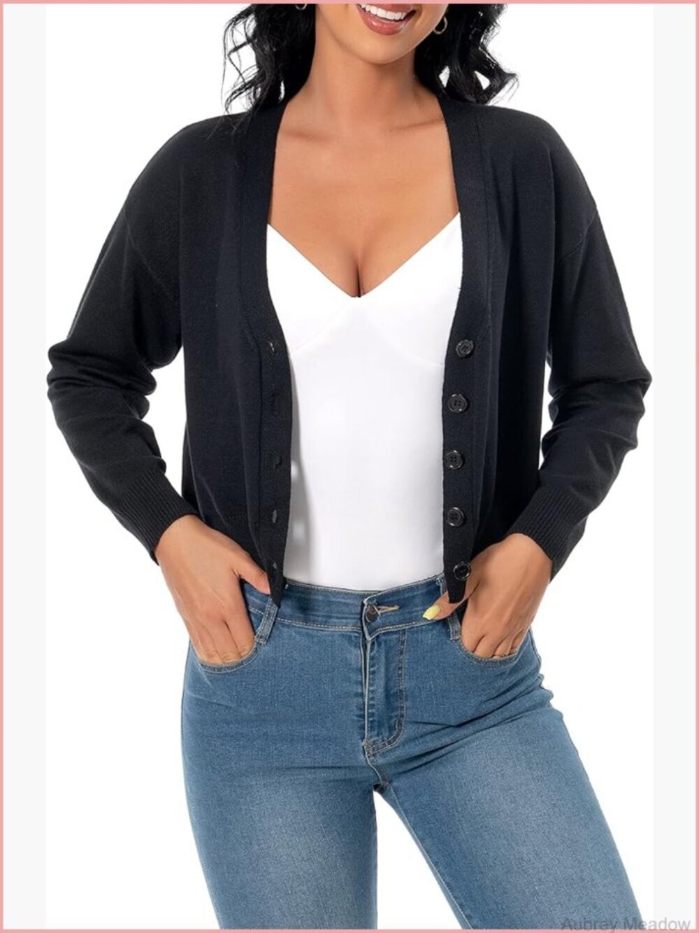 V Neck Long Sleeve Cropped Cardigan with Buttons Knit Bolero Shrug